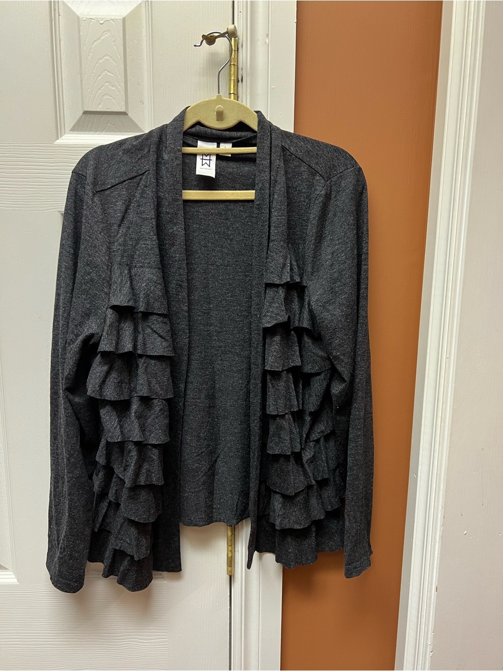 Marc Bouwer Charcoal Gray Ruffle Front Open Cardigan